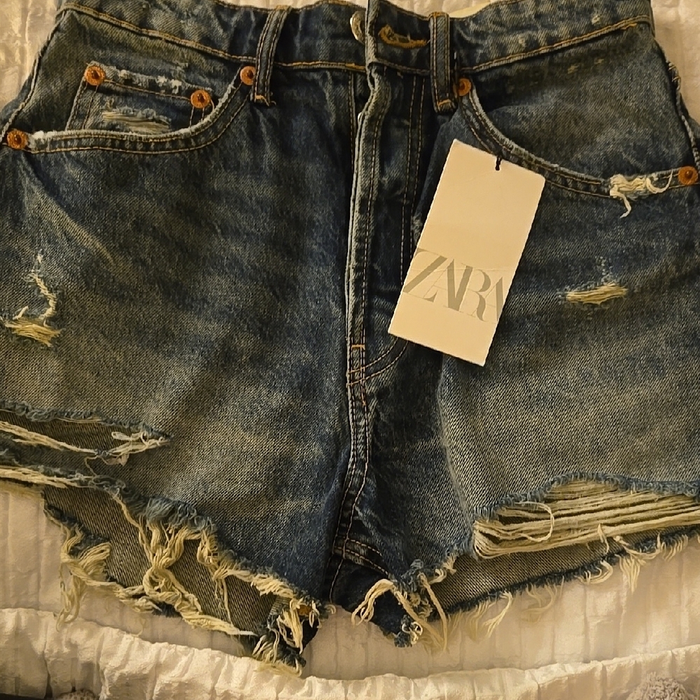 Zara Blue Jean Shorts Distressed Raw Hem